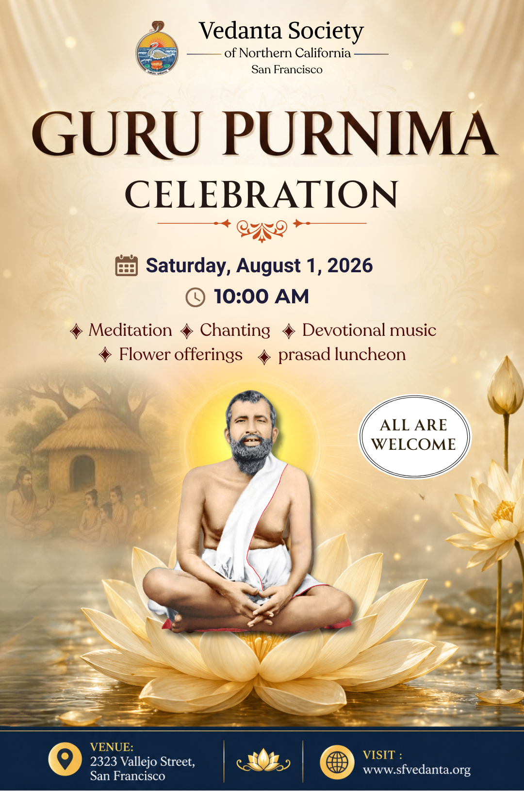 Guru Purnima Celebration on Saturday, August 1, 2026 at 10 a.m. at the New Temple, 2323 Vallejo Street, San Francisco