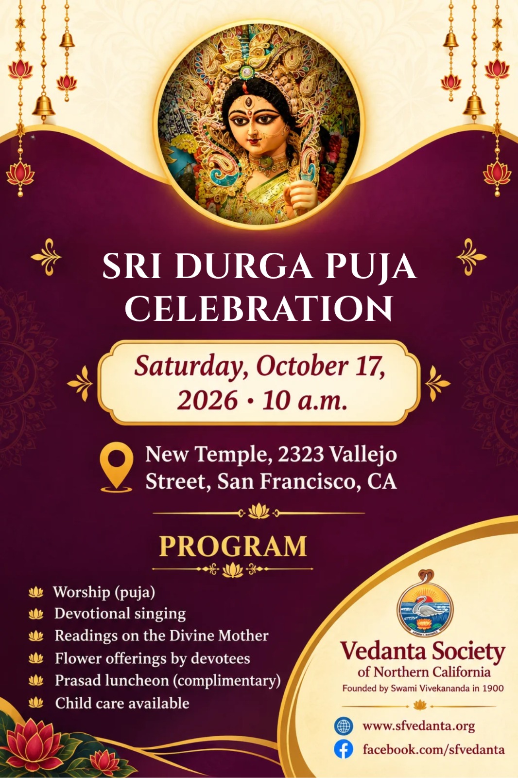Sri Durga Puja Celebration - Saturday, October 17, 2026 at 10:00 a.m.